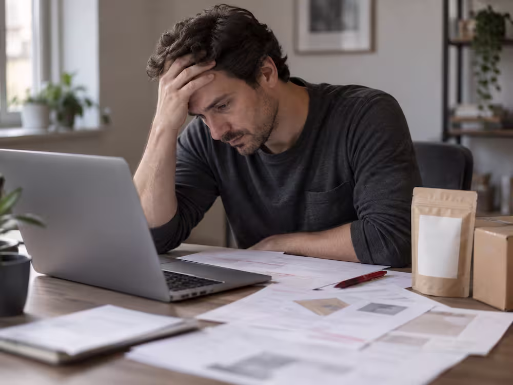 A brand owner at his desk, head in hand, surrounded by paperwork and product samples