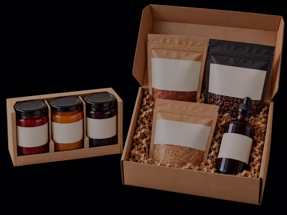 A three-pack of jars and a gift box with pouches and a bottle