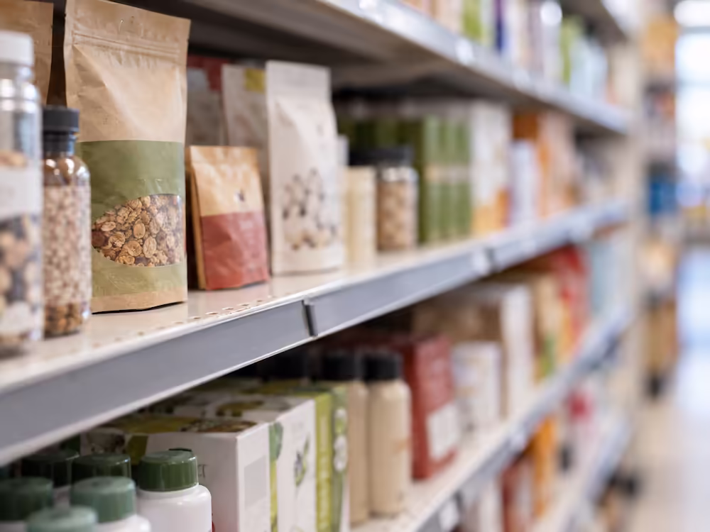Packaged food products on a store shelf